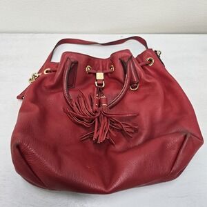 Michael Kors Red Pebbled Leather Drawstring Shoulder Bag MK Charm
